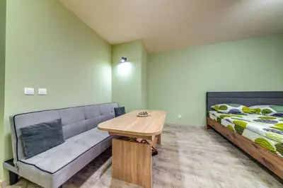 a room with a couch and a table and a bed at Two Cozy Mint Studios in Grand Resort Pamporovo by Flat Manager in Pamporovo