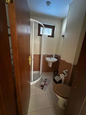 a bathroom with a shower and a toilet and a sink at Chalet Hamars - Highland Haven in Razlog