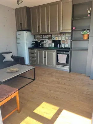 a kitchen with wooden floors and stainless steel appliances at Cozy apartment, by Paradise Mall in Sofia