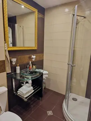 a bathroom with a sink and a shower at Bright and spacious apartment with panoramic views in Sofia