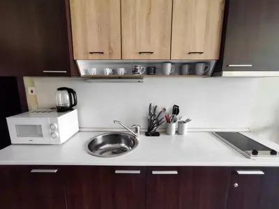 a kitchen counter with a sink and a microwave at Aspen Apartment A208 3OOm from Gondola in Bansko