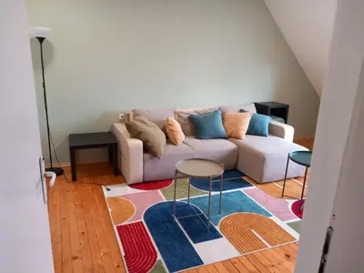 a living room with a couch and a rug at the green apart in Sofia