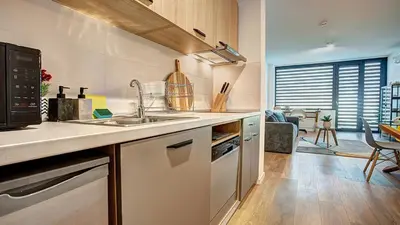 a kitchen with a sink and a counter top at College Flat - Wi-Fi with 600 Mbit speed in Sofia