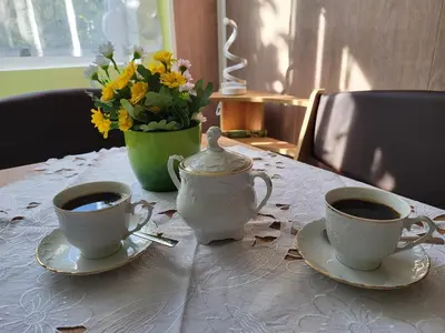 two cups of coffee on a table with a vase of flowers at Apartament KETI улица Христо Максимов 56 вхВ in Sofia