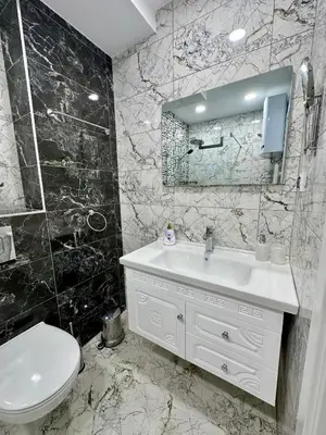 a bathroom with a sink and a toilet and a mirror at D&G City Homes in Sofia
