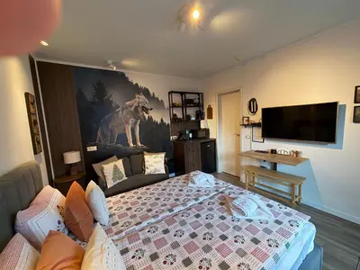 a bedroom with a bed and a flat screen tv at Luxury Studio2 in Hotel Friends in Bansko