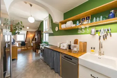 a kitchen with green walls and a counter with a sink at Cozy family loft at Women's market in Sofia