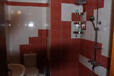 a bathroom with a toilet and a shower with red tiles at Комфортен апартамент, безплатно гараж! in Sofia