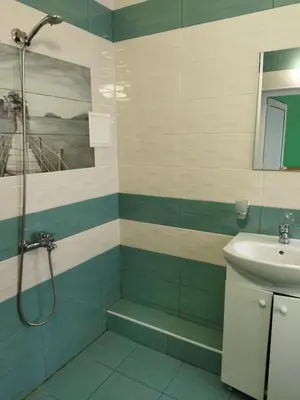 a bathroom with a shower and a sink at Стаи за гости Деметра in Sofia