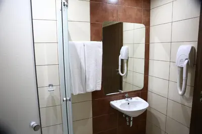 a bathroom with a sink and a mirror at Hotel Iris in Plovdiv