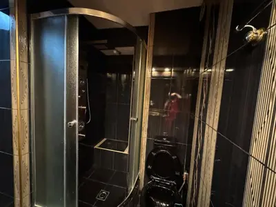 a bathroom with a glass shower with a toilet at Retro Gem in Sofia