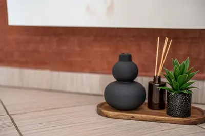 a black vase sitting on a wooden tray with a plant at Green Life Cozy Studio Bansko in Bansko