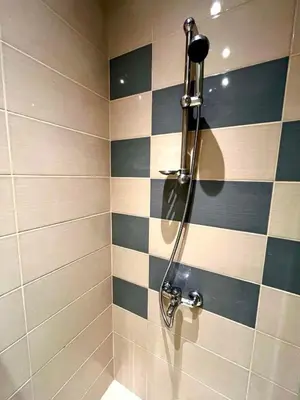 a shower in a bathroom with a tiled wall at Winter Palace Vitosha View Studio in Sofia