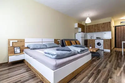 a bedroom with a large bed and a kitchen at Ishirkov Residence Studio in Sofia