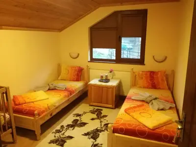 a room with two twin beds and a window at Villa Bulgarka in Divchovoto