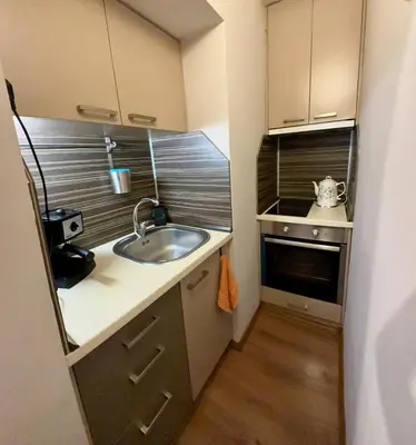 a small kitchen with a sink and a stove at Apartment top center Maria in Sofia