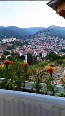 a view of a city from a window with orange mushrooms at Родопско сърце in Chepelare