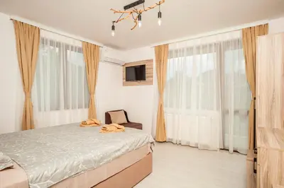 a bedroom with a bed and a tv and windows at Къща за гости Крис in Smolyan