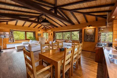 a kitchen and living room with a wooden table and chairs at Abies Alba in Yarema residence zone