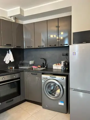 a kitchen with a washing machine and a refrigerator at Rea Liliya - Artistic and Inviting Nook in Sofia