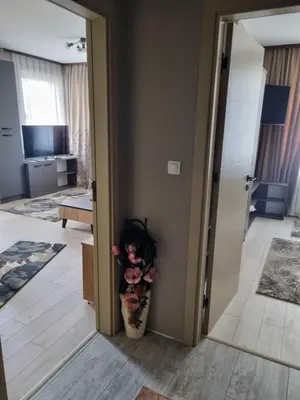 a room with a vase of flowers next to a door at Apartament Rumqncev in Velingrad