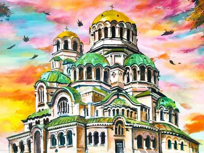 a painting of a church with a sunset at Spacious 3BR in the Center - Kitchen Smart TV's in Sofia