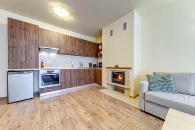 a kitchen and living room with a couch and a fireplace at Cosy1BD Apt with a Free Parking and Balcony - Grand Resort Pamporovo by Flat Manаger in Pamporovo
