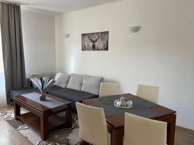 a living room with a table and a couch at Pine forest apartments in Pamporovo