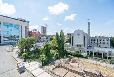 an aerial view of a city with buildings at Bright & Central 2BR in Historic Heart of Sofia in Sofia