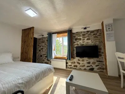a bedroom with a bed and a tv on a stone wall at Cozy Home in Ardino 2 in Ardino