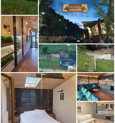 a collage of photos with a house and a pool at Къща за гости Шанови in Gʼovren