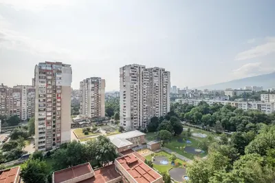 an aerial view of a city with tall buildings at Cozy Studio in Sofia
