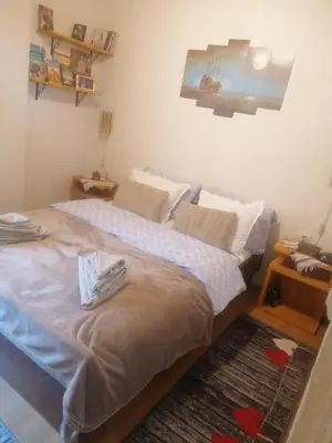 two twin beds in a bedroom with a rug at Къща Сливови in Bŭnzareto