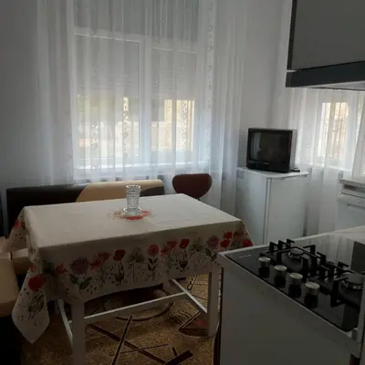 a small kitchen with a table and a stove at Асклепион in Kyustendil