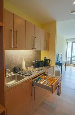 a kitchen with a sink and a stove top oven at Deno Studio in Borovets
