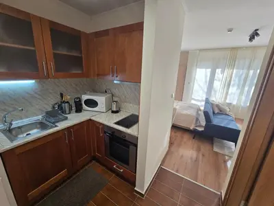 a small kitchen with a sink and a microwave at Modern Studio near Ski Lift - Cedar Lodge 4,Bansko by Flat Mаnаger in Bansko