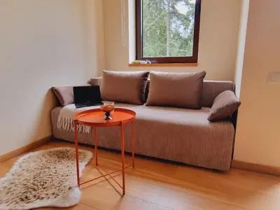 a couch with a table with a laptop on it at Private Studio Pine Whisper 4 pax in Euphoria Club in Borovets