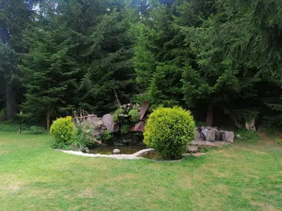 a garden with a pond in a field with trees at Oxygen Time in Smolyan