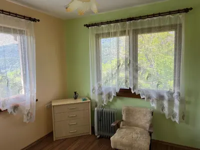 a green room with a chair and two windows at The Old Walnut House in Terziysko