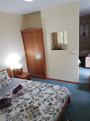 a bedroom with a bed and a wooden cabinet at Boeritza Hotel Complex in Vladaya
