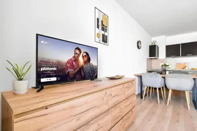 a living room with a large flat screen tv on a wooden entertainment center at BudgetWork-Friendly Apartment near Business Park in Sofia