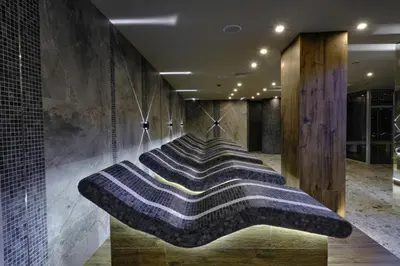 a row of towels lined up in a room at Grand studio in 4star SPA resort in Bansko in Bansko