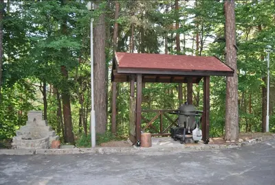 a gazebo with a grill in the woods at Лари Б01 in Borovets
