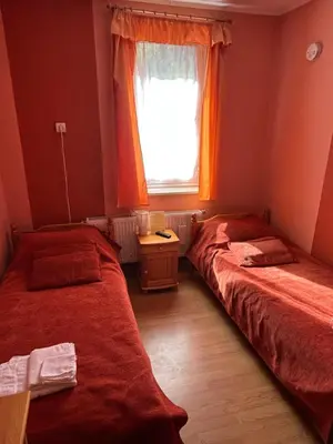 two beds in a small room with a window at Семеен хотел Модерния хан in Zărkwischte