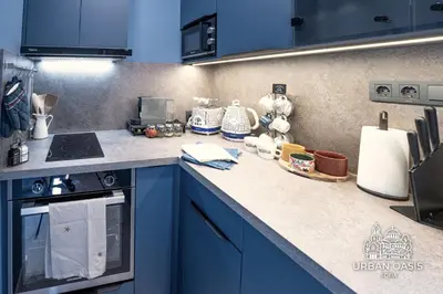a kitchen with blue cabinets and a counter top at Urban Oasis Sofia in Sofia