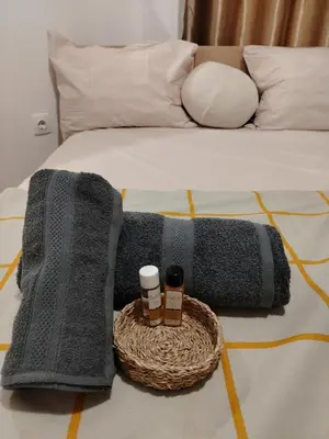a bed with two blankets and a basket with two bottles ofgars at Good Mood Room in Plovdiv