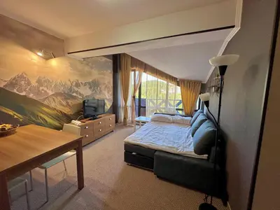 a bedroom with a bed and a table and a tv at Green View Apartment in Chepelare