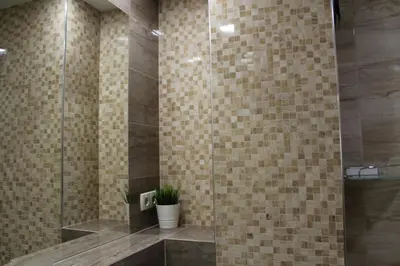 a bathroom with a glass shower with a potted plant at cosy apartment in Sofia