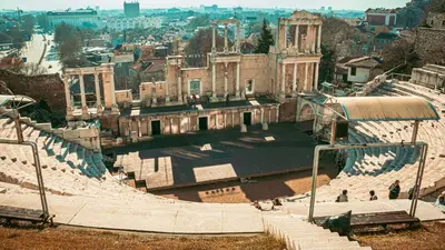 an aerial view of an amphitheater in a city at Two-Bedroom Central and Cosy Apartment in Plovdiv