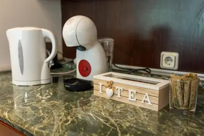 a counter top with a coffee maker and a box on it at Megy's 3 Bedroom Central Apartment near NDK in Sofia